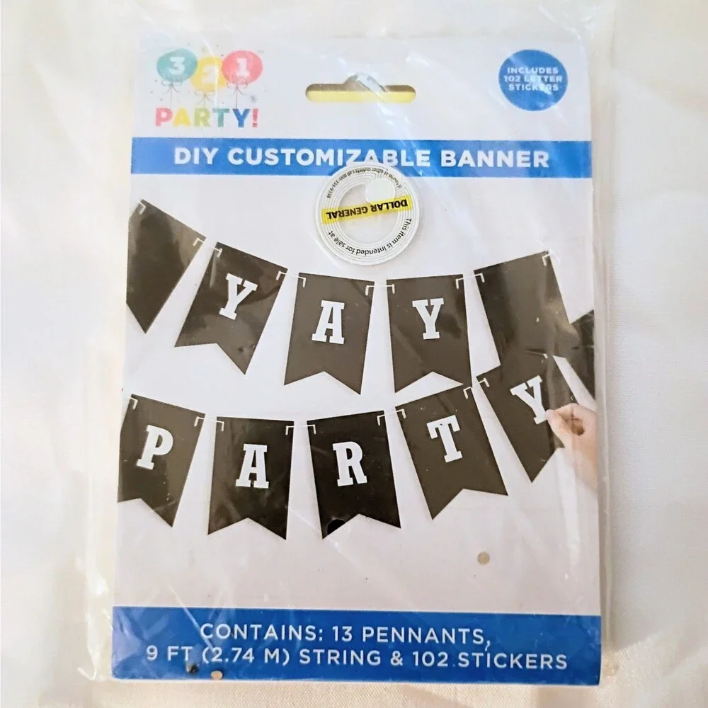 321 Party DIY Customize Banner 9 ft String 13 Black Pennants 102 Stickers NEW